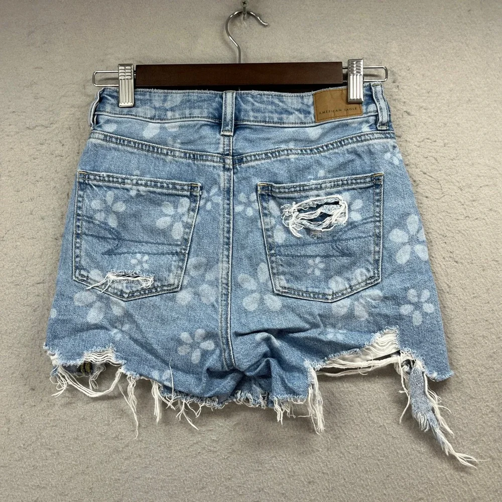 American Eagle Shorts Womens 00 Blue Highest Rise Baggy Floral Distressed Denim